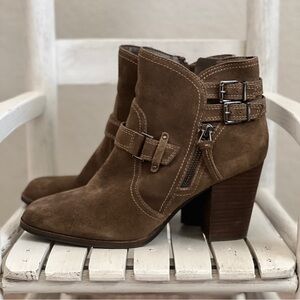 GIANNI BINI Brown Suede Leather Ankle Boots Buckles Zippers Heels 10